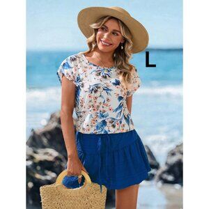 Floral Short Sleeve Top - Cream and Blue